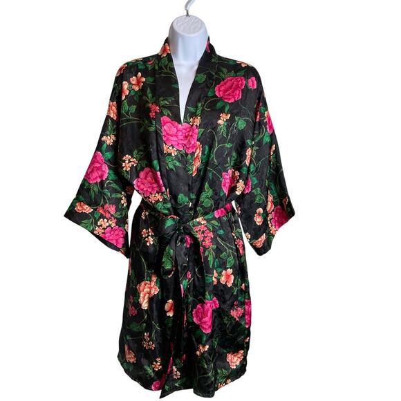 Vintage Kristine Tyler Intimates Women's Black Floral Robe One Size Luxury Asian - Picture 1 of 12